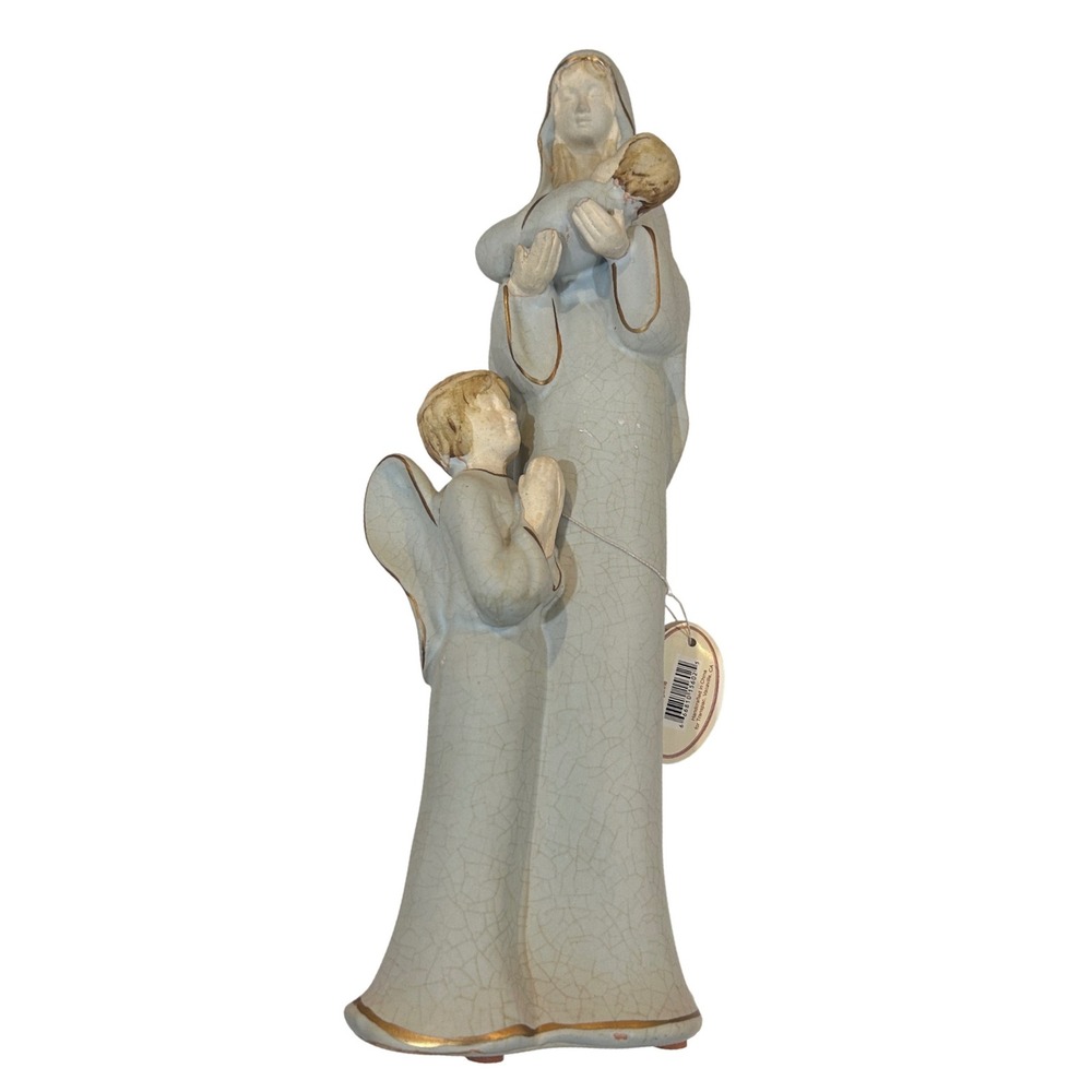 Religious Holy Family and Child Angel Figurine Ceramic Nativity Gold Praying